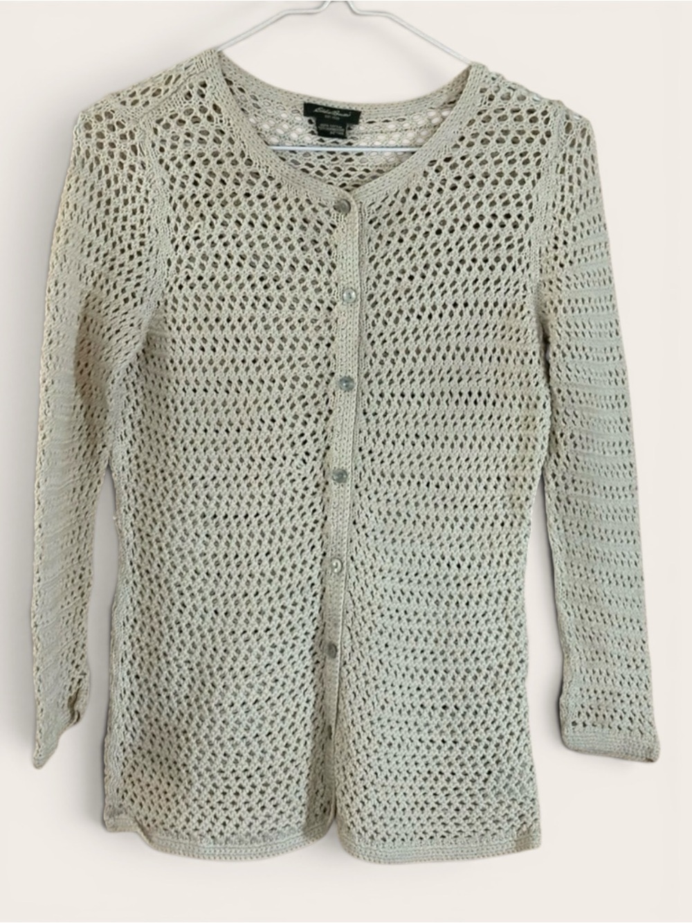 Eddie Bauer Cream Crochet Open-Knit Cardigan Sweater